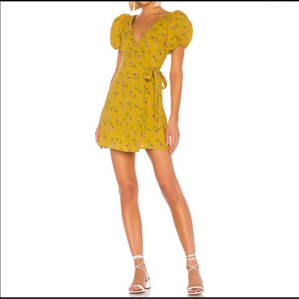 LPA Heidi dress in little roses wrap mini dress yellow pink floral puff sleeve